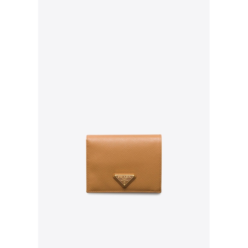 Small Triangle Logo Saffiano Leather Wallet Beige Onesize