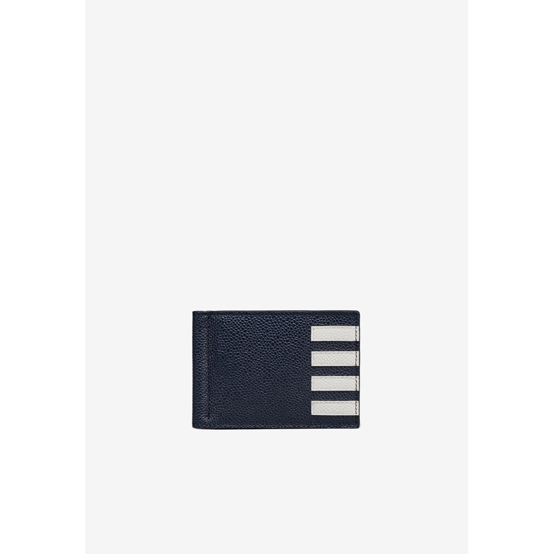 4-bar Stripes Pebbled Leather Wallet with Money Clip Navy Onesize