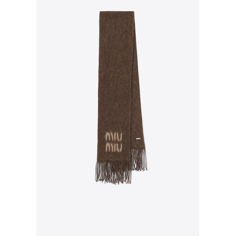 Logo Intarsia Mohair Fringed Scarf Brown Onesize