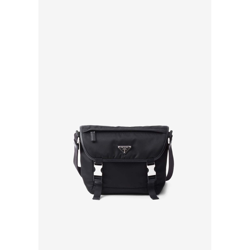Triangle Logo Re-Nylon and Saffiano Leather Shoulder Bag Black Onesize