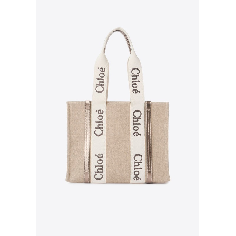 Woody Leather and Linen Tote Bag Gray Onesize