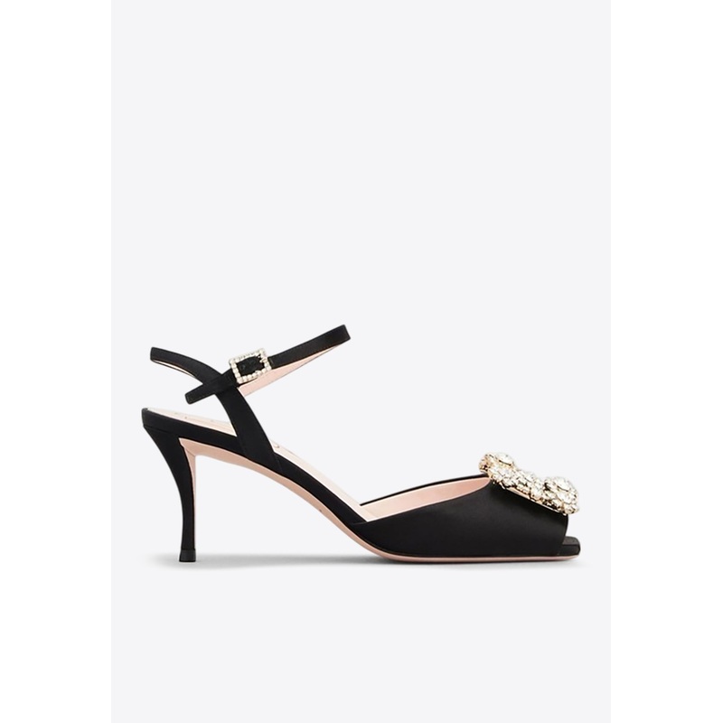 65 Flower Strass Diamond Buckle Satin Sandals Black wshoeseu_EU 38