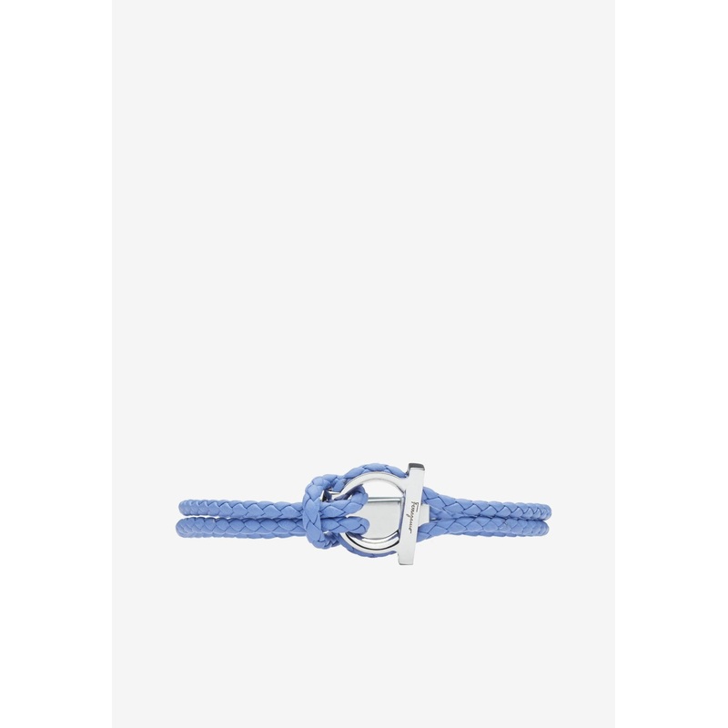 Small Gancini Braided Bracelet in Calf Leather Blue Onesize