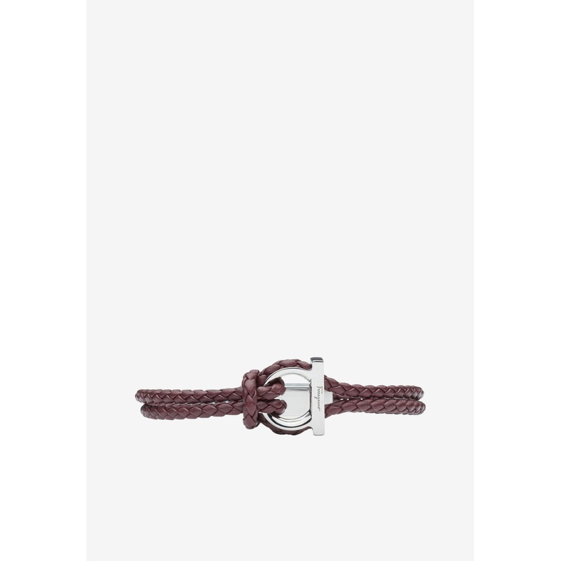 Small Gancini Braided Bracelet in Calf Leather Bordeaux Onesize