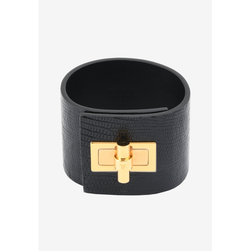 Wide Natalia Turnlock Buckle Cuff in Animal Print Leather Black M