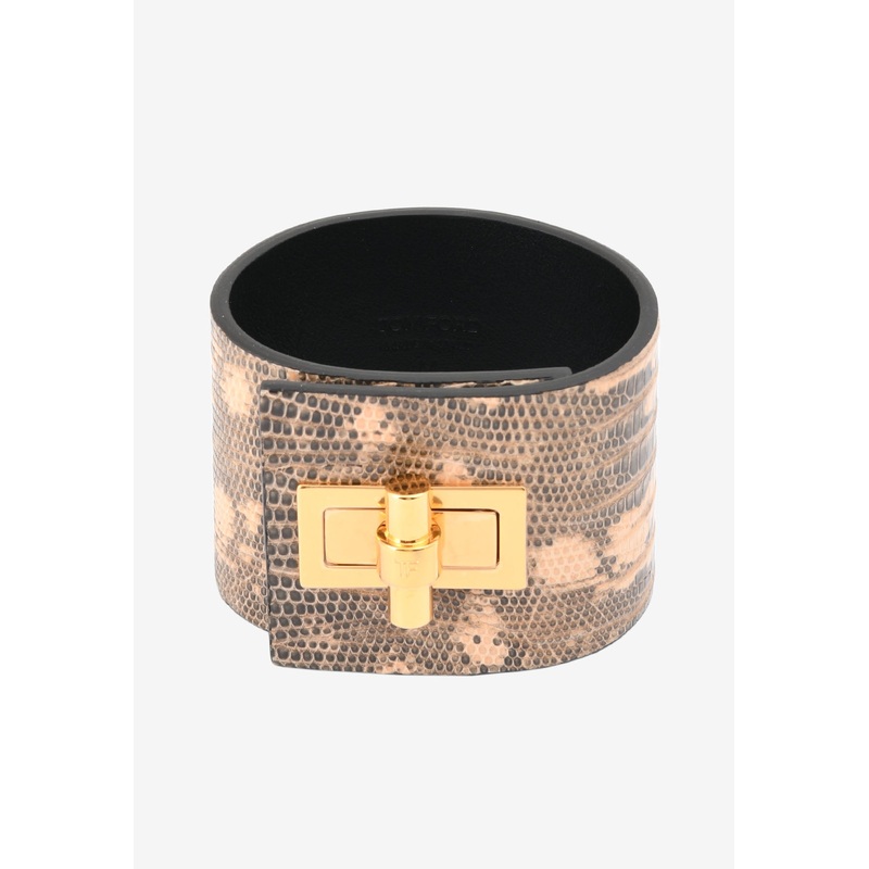Wide Natalia Turnlock Buckle Cuff in Animal Print Leather Nude M