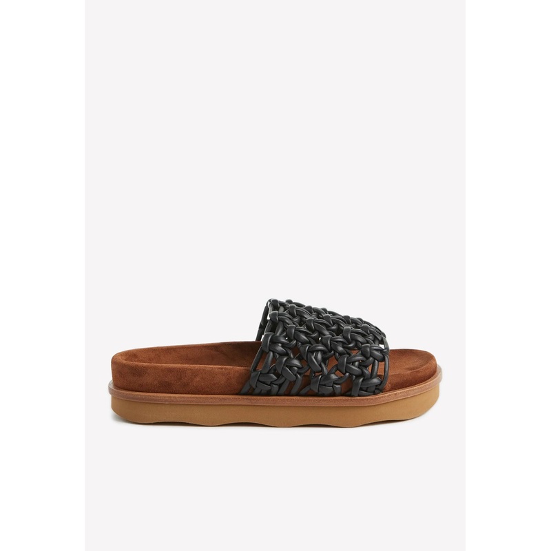 Wavy Braided Leather Flat Mules Black wshoeseu_EU 36