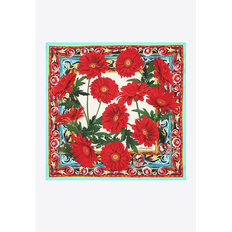 Floral Print Silk Scarf Red Onesize