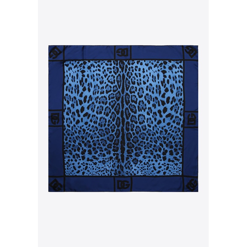 Leopard Print Silk Scarf Blue Onesize