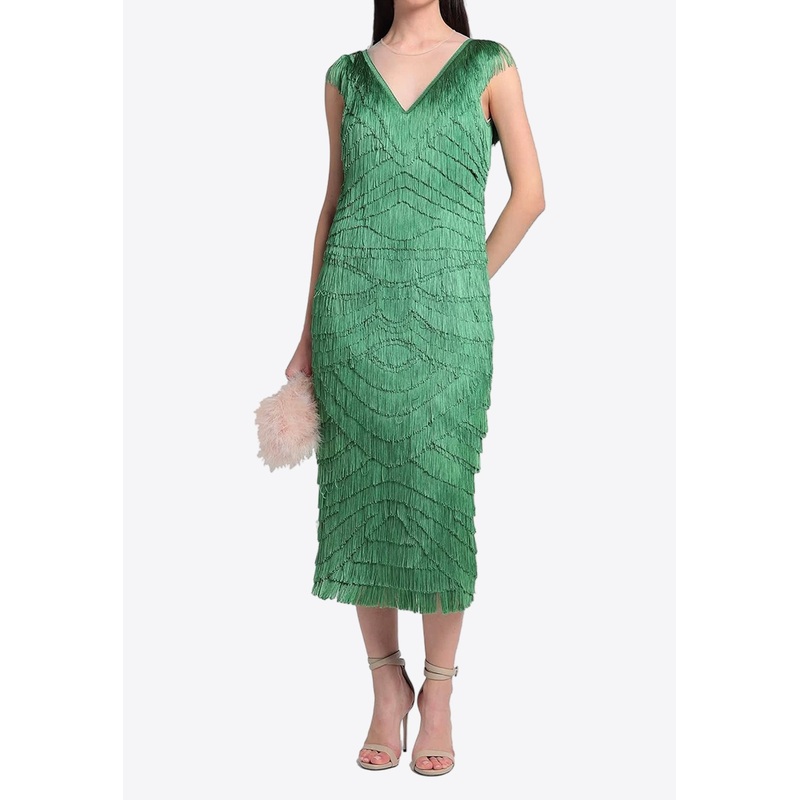 V-neck Fringed Midi Dress Green wrtwit_IT 46