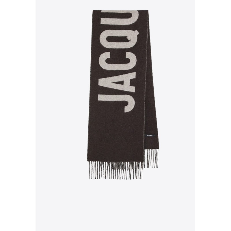 Logo Jacquard Wool Fringed Scarf Brown Onesize