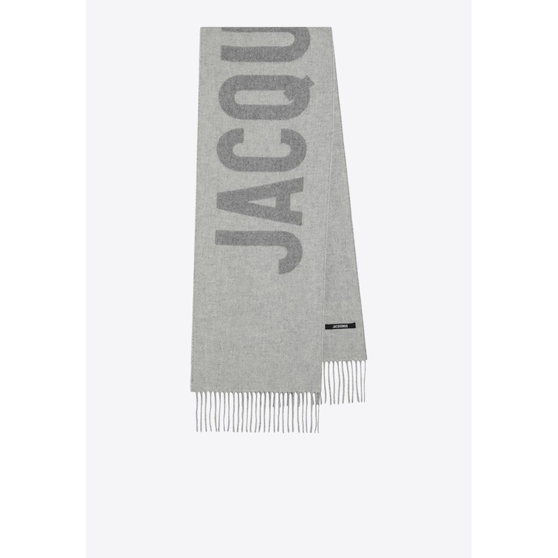Logo Jacquard Wool Fringed Scarf Gray Onesize