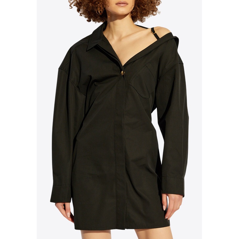 Asymmetric Mini Shirt Dress Black wrtwfr_FR 34