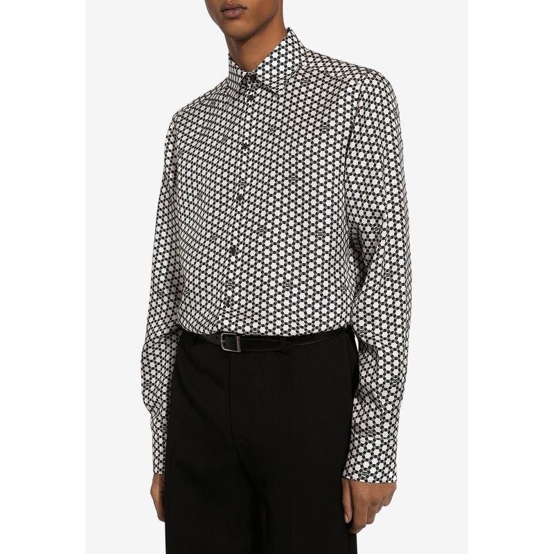 DG Logo Print Button-Up Silk Shirt Gray mrtwshirtseu_EU 39