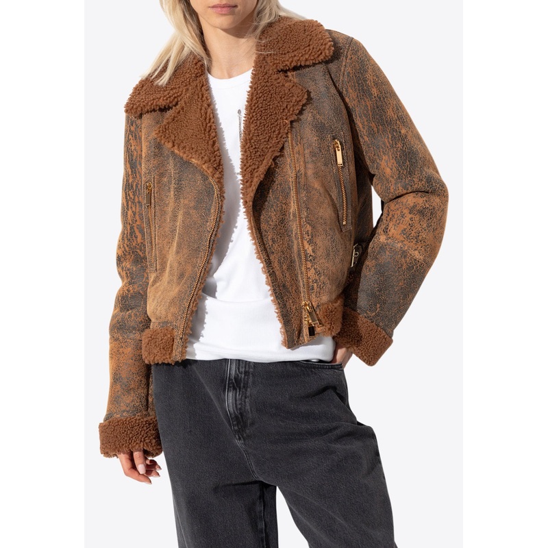 Aviator Shearling and Leather Short Jacket Brown wrtwit_IT 38