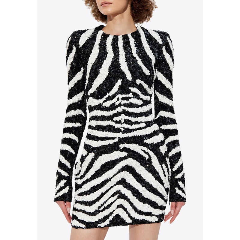 Zebra Motif Sequined Mini Dress Monochrome wrtwfr_FR 36