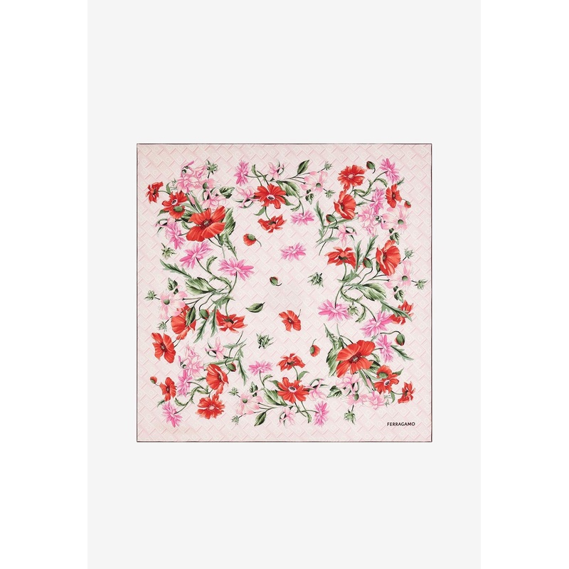 Floral Bouquet Print Silk Scarf Pink Onesize