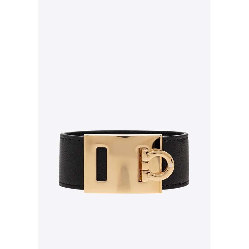 Gancini Buckle Leather Bracelet Black 15