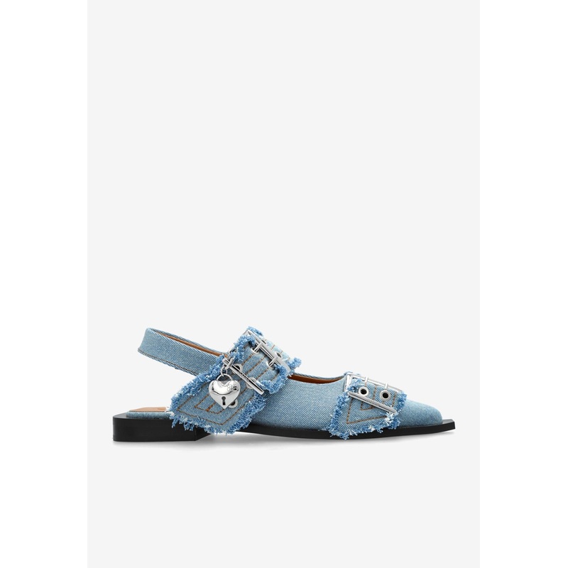 Buckled Pointed-Toe Denim Flats Blue wshoeseu_EU 36
