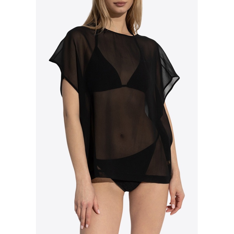 Embroidered-Logo Sheer Silk Cover-Up Black wrtwstd_S