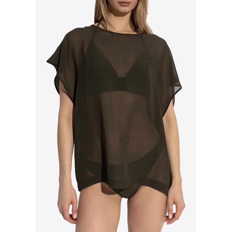Embroidered Logo Sheer Silk Cover-Up Green wrtwstd_S
