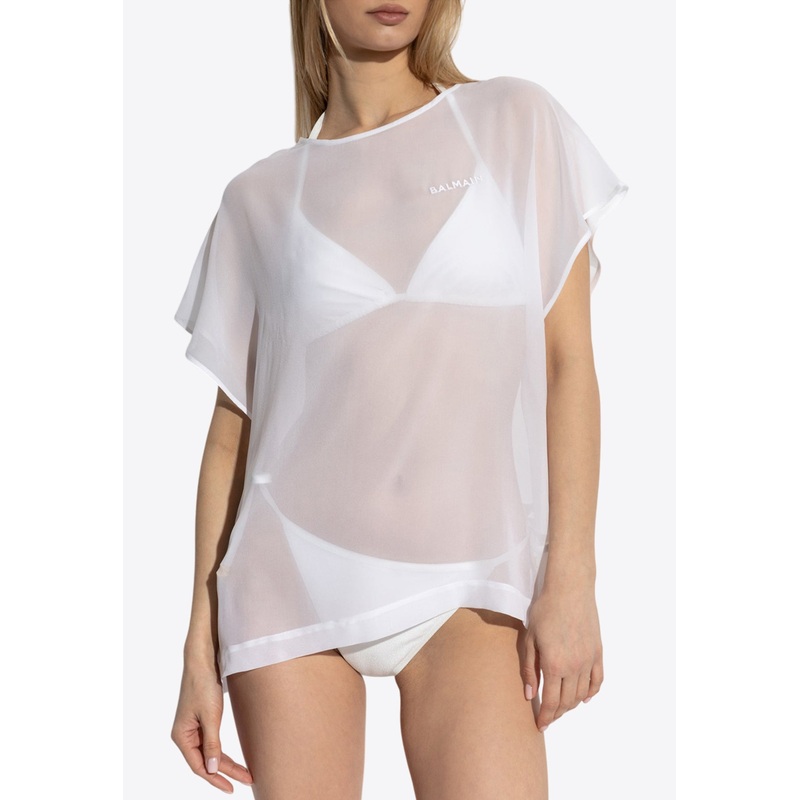 Embroidered Logo Sheer Silk Cover-Up White wrtwstd_S