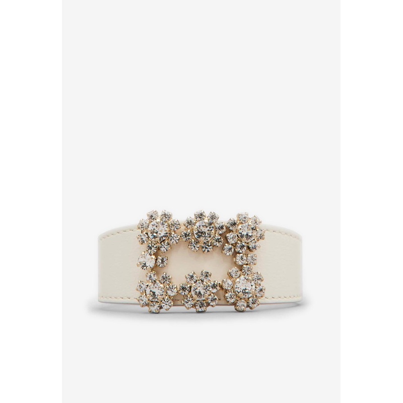 Floral Crystal Buckle Bracelet in Leather White Onesize
