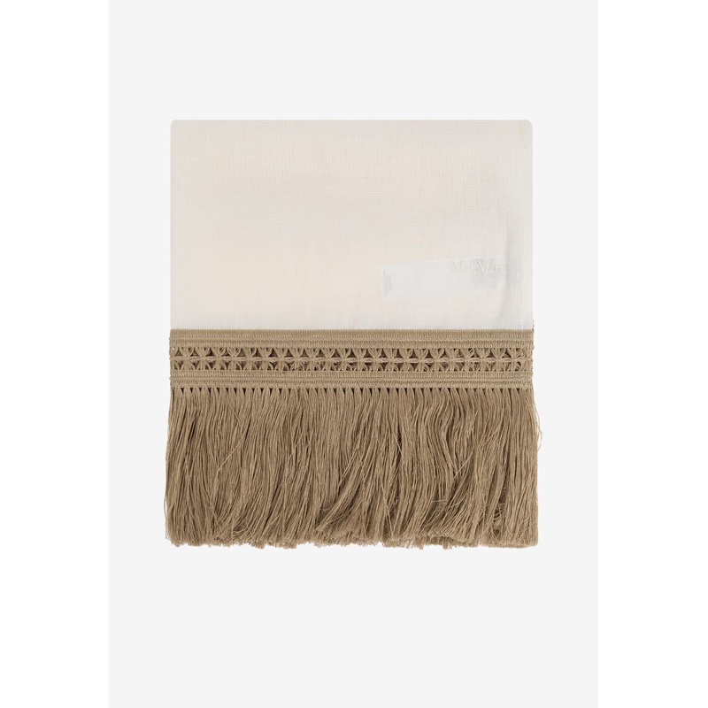 Grammo Embroidered Logo Linen Fringed Scarf Cream Onesize