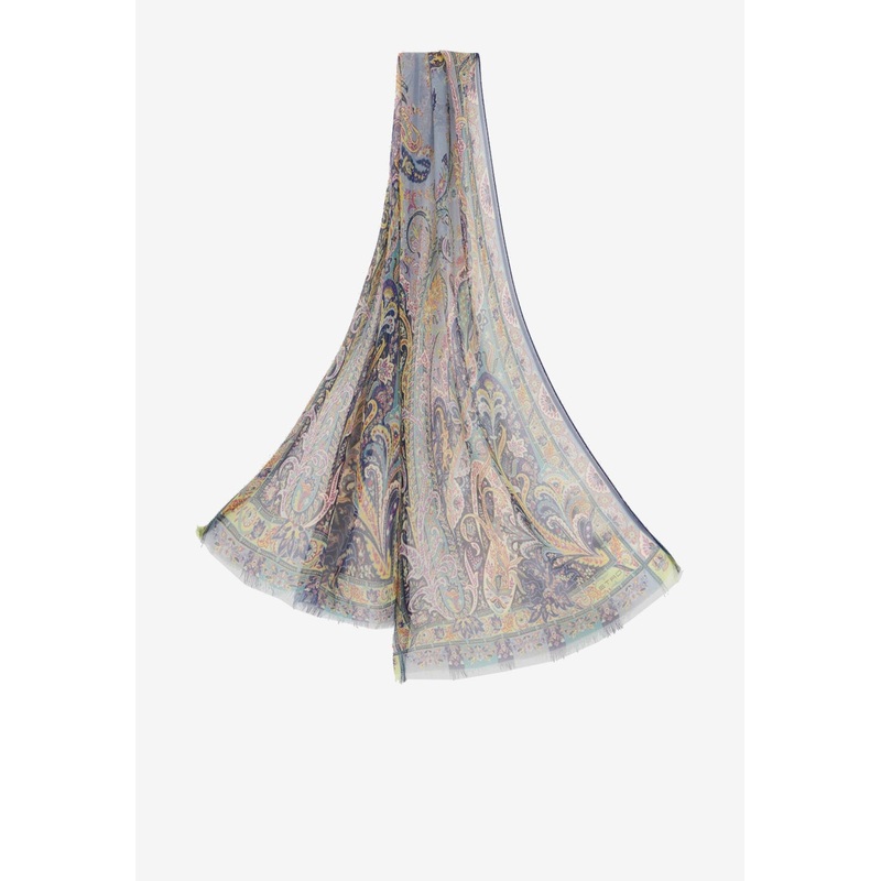 Floral Leafy Printed Silk Scarf Blue Onesize