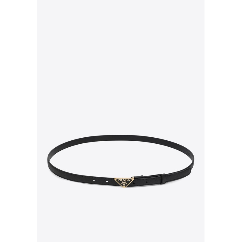 Triangle Logo Thin Saffiano Leather Belt Black 65