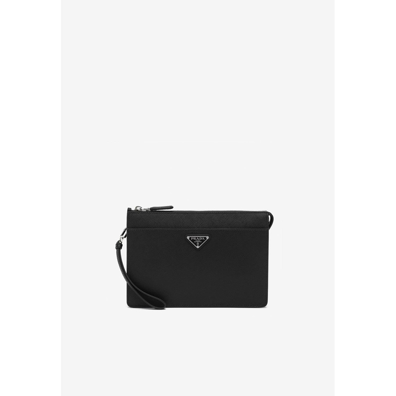 Triangle Logo Saffiano Leather Pouch Bag Black Onesize