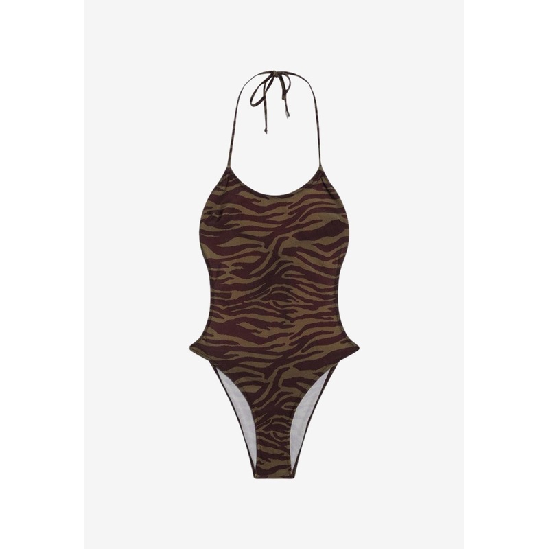 Zebra Print One-Piece Swimsuit Khaki wrtwstd_XS
