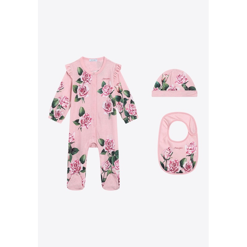 Baby Girls Rose Print Jumpsuit Set – Set of 3 Pink 0-3 Months
