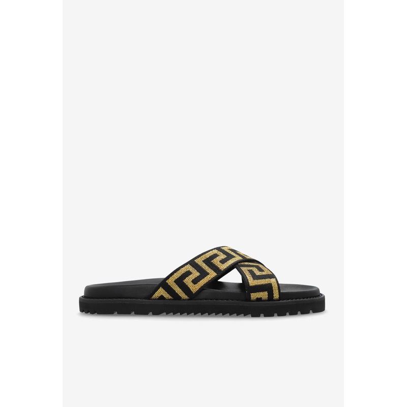 Jacquard Greca Motif Leather Slides Black mshoeseu_EU 39