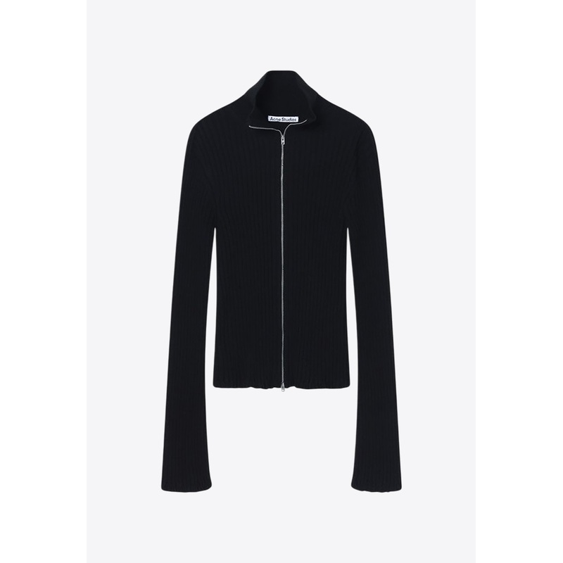 Zip-Up Ribbed Cardigan Black wrtwstd_XS