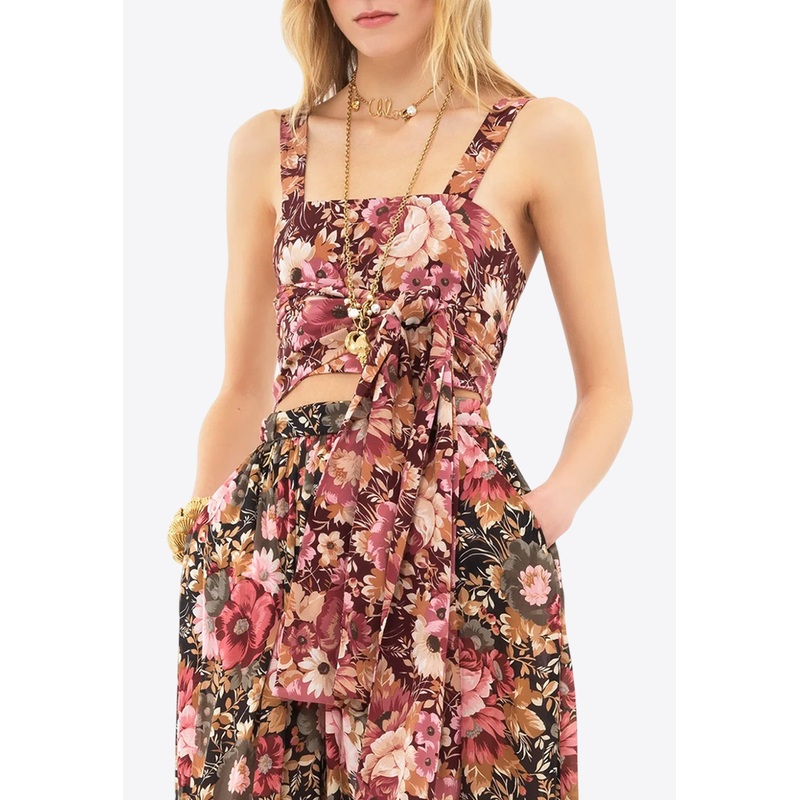Rose Print Front-Tie Sleeveless Top Multicolor wrtwstd_M