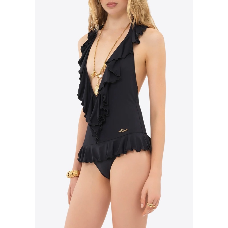 Ruffled V-neck One-Piece Swimsuit Black wrtwfr_FR 40