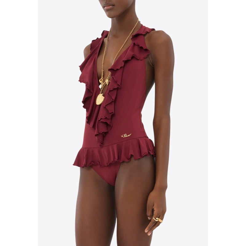 Ruffled V-neck One-Piece Swimsuit Red wrtwfr_FR 38