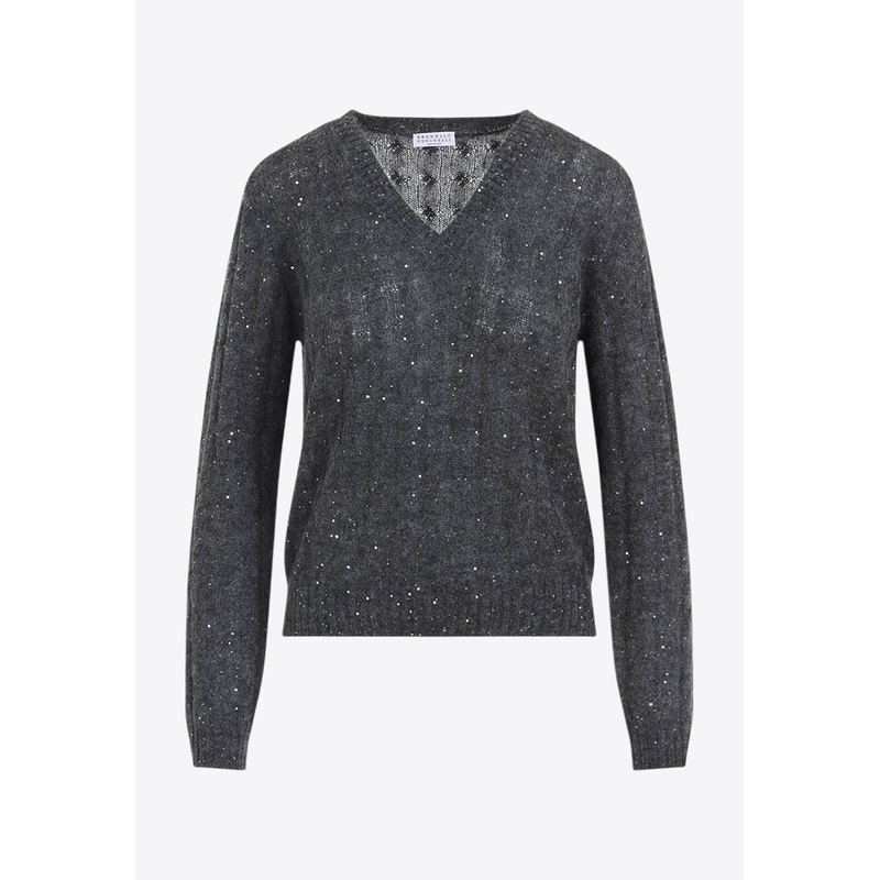 V-neck Knit Sweater Gray wrtwstd_XS