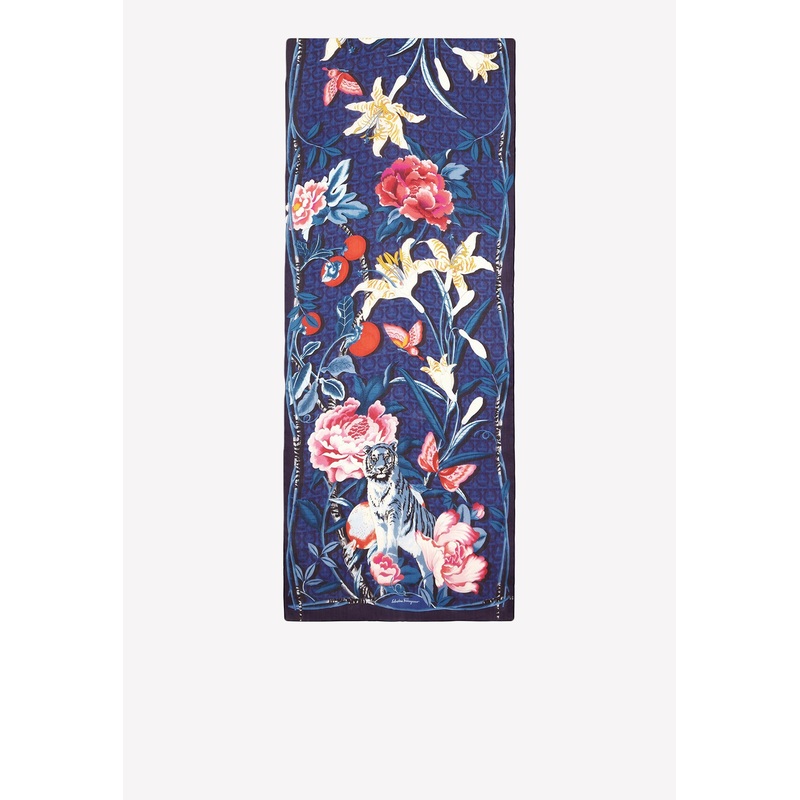 Ramage Floral Print Silk Scarf Blue Onesize