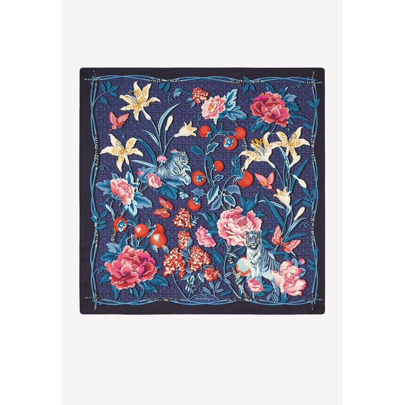 Ramage Floral Print Silk Scarf Navy Onesize