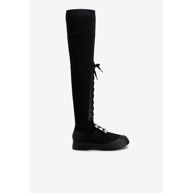 Walky Viv’ Strass Buckle Knee-High Boots in Fabric and Leather Black wshoeseu_EU 37