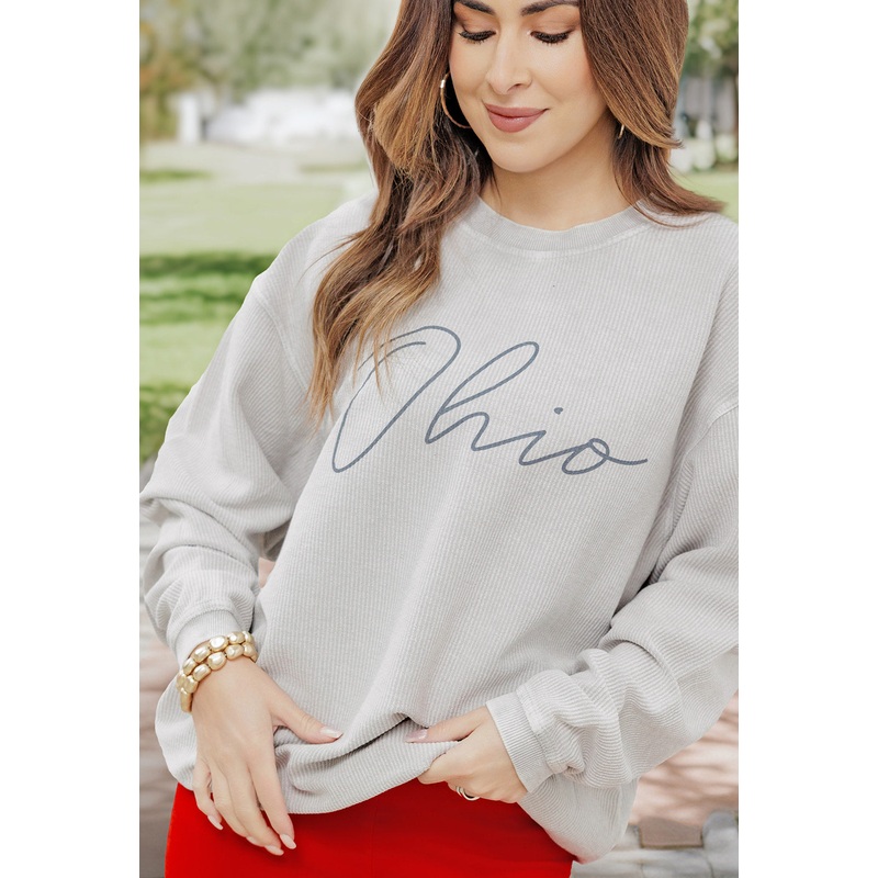 Ohio Grey Cursive Ribbed Graphic Crewneck Grey S
