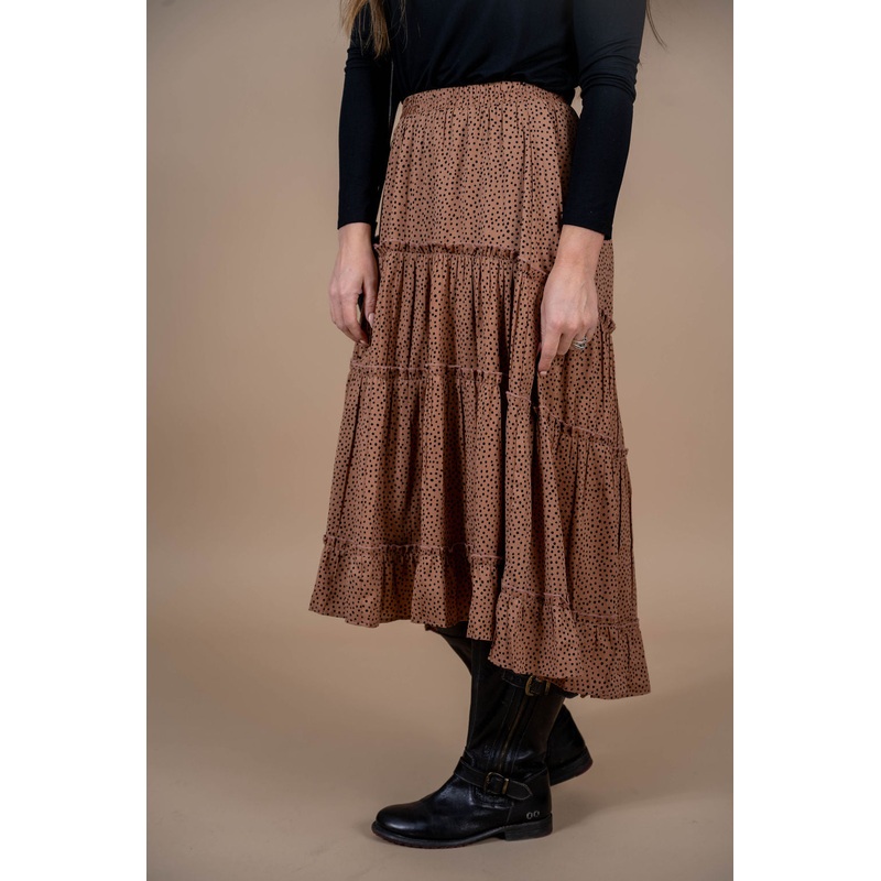 Spotted Ruffle Tiered Midi Skirt Camel S