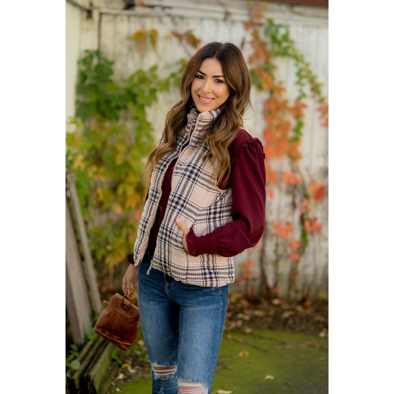 Zipper Plaid Puffer Vest S