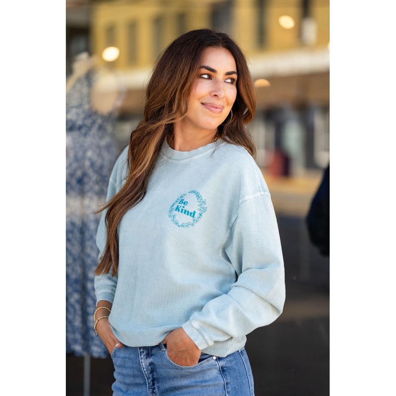 Be Kind Ribbed Graphic Crewneck Powder Blue XS