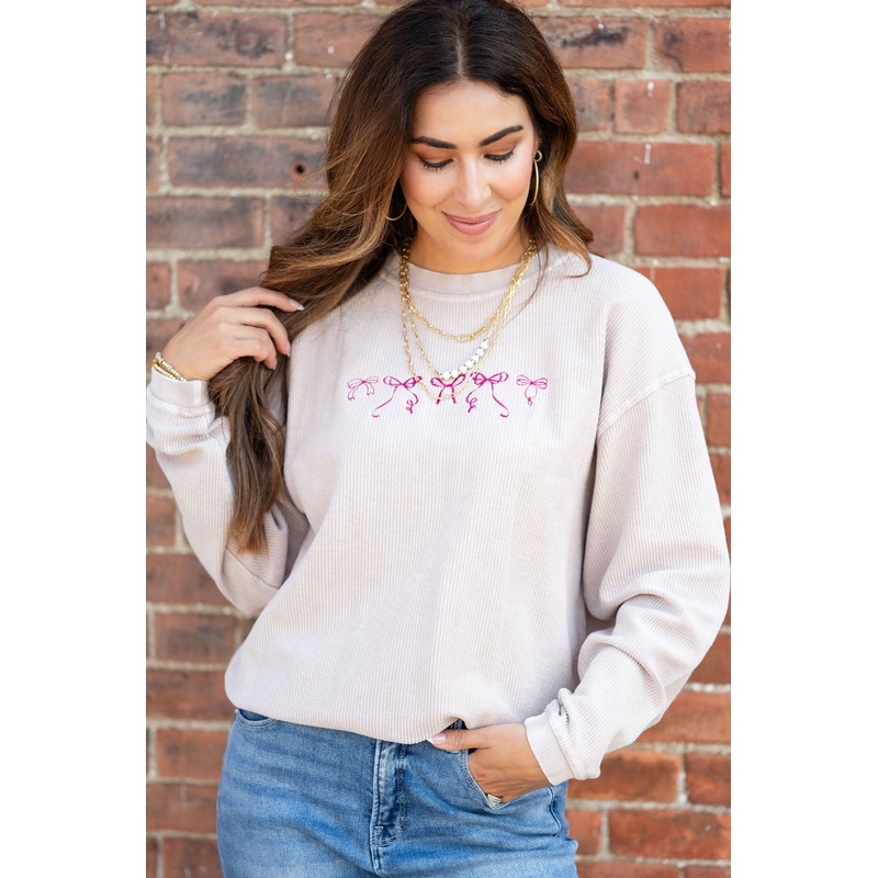 Bows Ribbed Graphic Crewneck Mocha XS