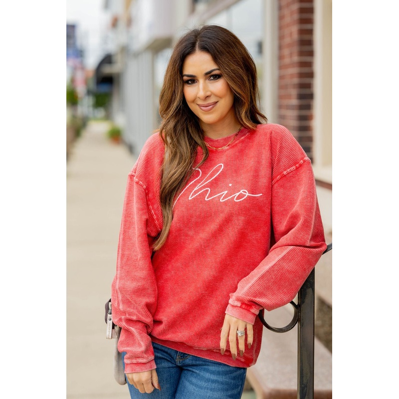 Cursive Ohio Ribbed Graphic Crewneck Red XS