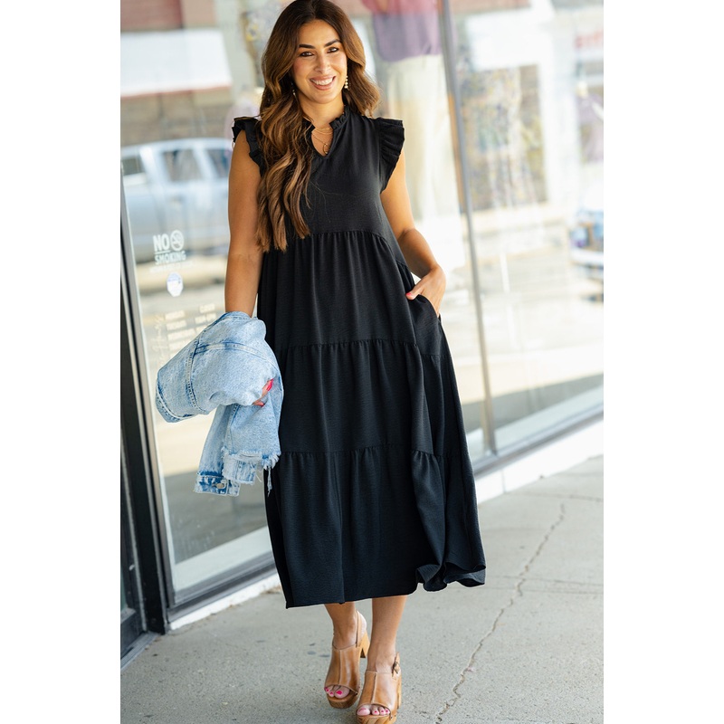 Ruffle Trim Tiered Midi Dress Black S
