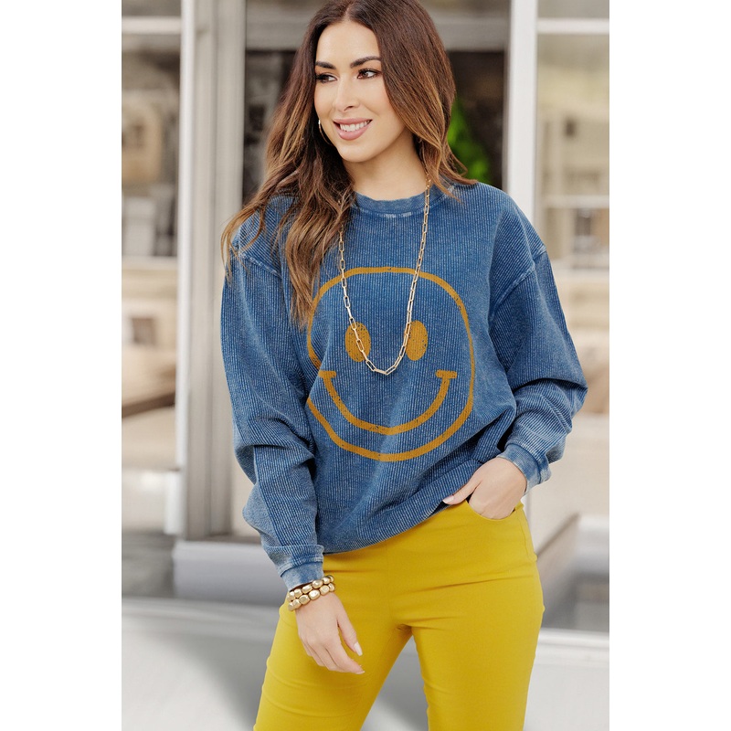Smiley Face Blue Ribbed Graphic Crewneck Blue XS